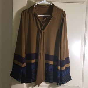 LOFT NWOT brown tan blouse with neck tie L